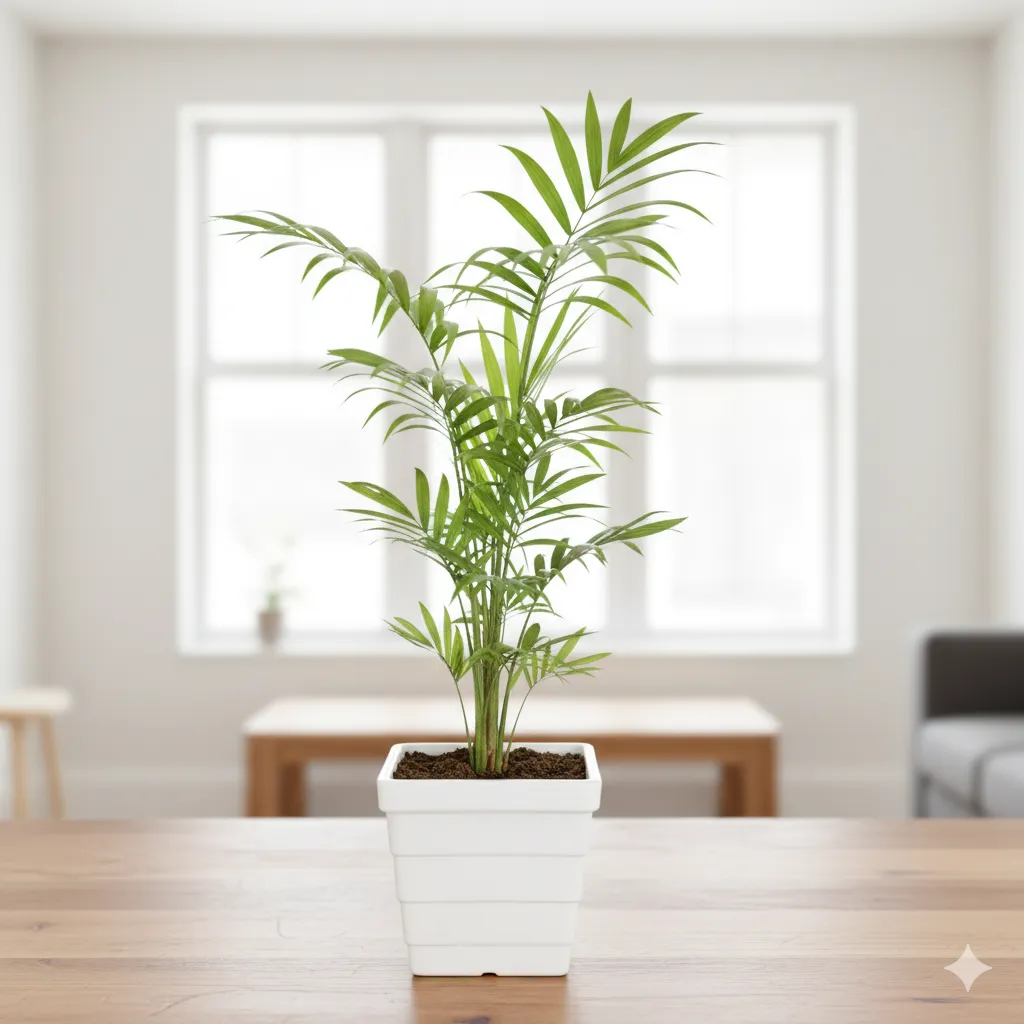 Chameadorea Palm in 4 Inch White Marble Premium Orchid Square Plastic Pot