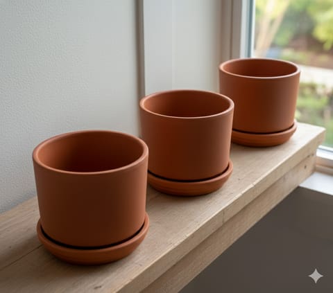 Set of 03 - 4 inch Navya Maati Pot – With Tray, Functional & Elegant