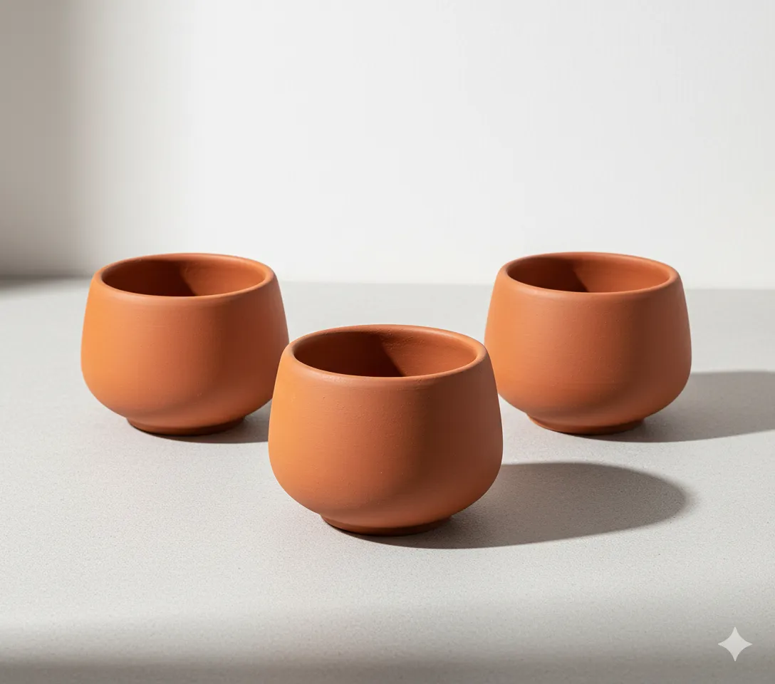 Set of 03 - 4 inch Bhoomi Maati Pots - Wide-Mouth Rustic Matte Beauty