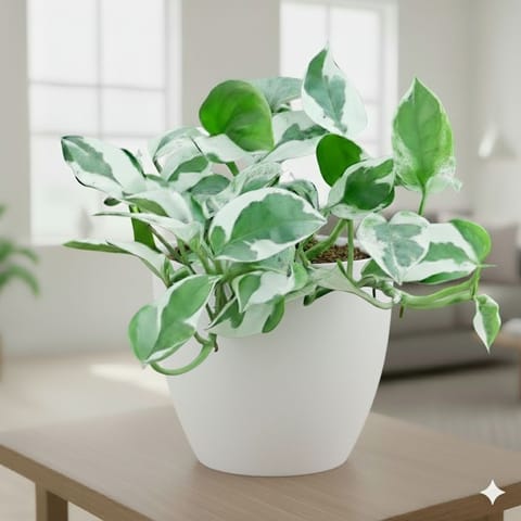 Money Plant N'joy in 4 Inch Classy White Cup Ceramic Pot
