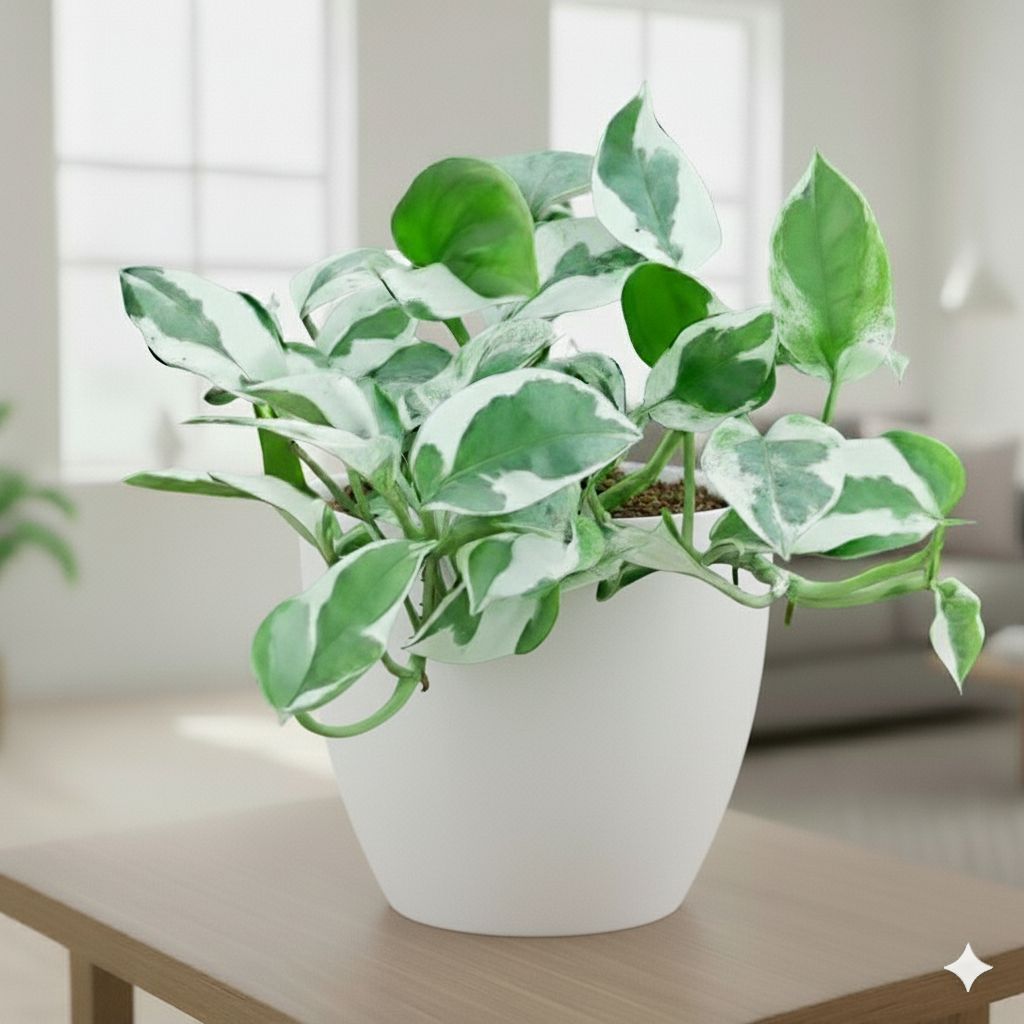 Money Plant N'joy in 4 Inch Classy White Cup Ceramic Pot