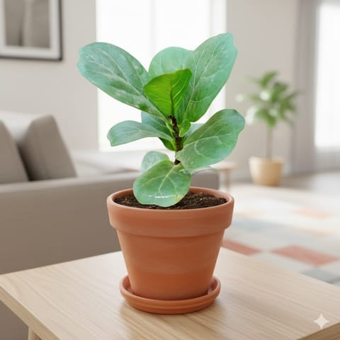 Fiddle Leaf Fig in 4 inch Mittika Collar Maati Pot - Classic Minimal Handcrafted Form with 4 Inch Tray