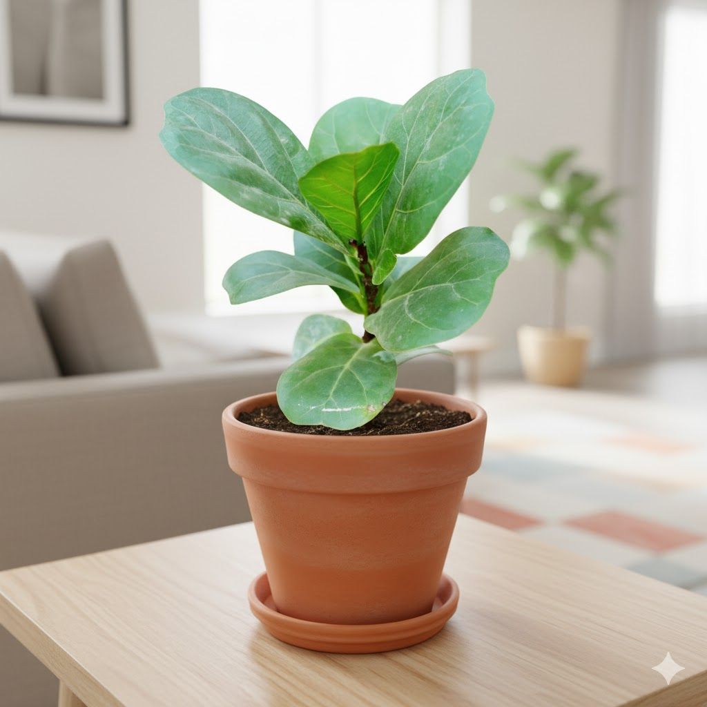 Fiddle Leaf Fig in 4 inch Mittika Collar Maati Pot - Classic Minimal Handcrafted Form with 4 Inch Tray