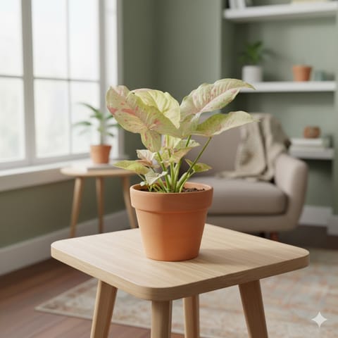 Syngonium Candyfloss in 3 inch Dhara Maati Pot - Natural Clay Classic Look