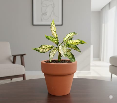 Aglaonema Snow White in 3 inch Dhara Maati Pot - Natural Clay Classic Look