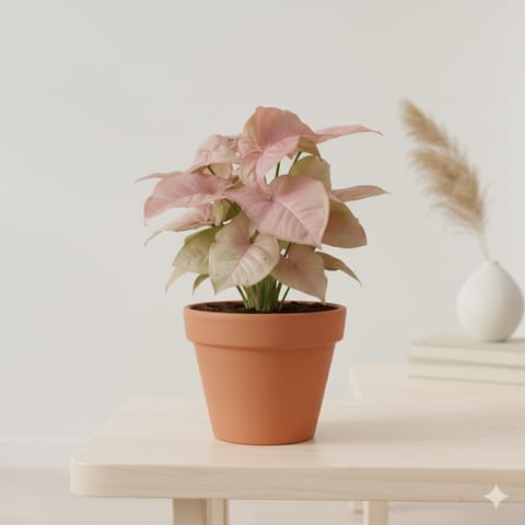 Syngonium Pink in 3 inch Dhara Collar Maati Pot - Natural Clay Classic Look