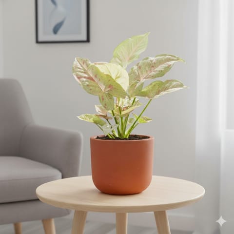 Syngonium Candyfloss in 4 inch Aaroh Maati Pot - Modern Curved Handcrafted Appeal