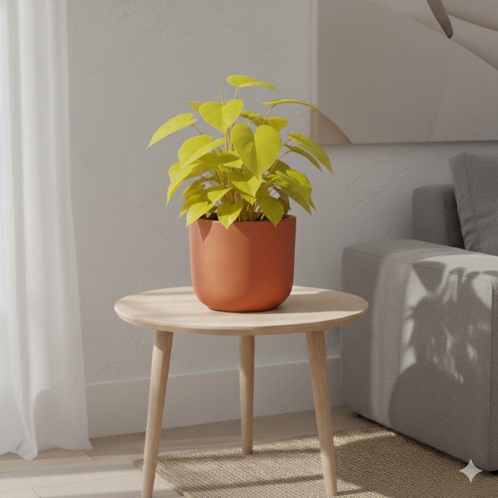 Oxycardium Golden in 4 inch Aaroh Maati Pot - Modern Curved Handcrafted Appeal