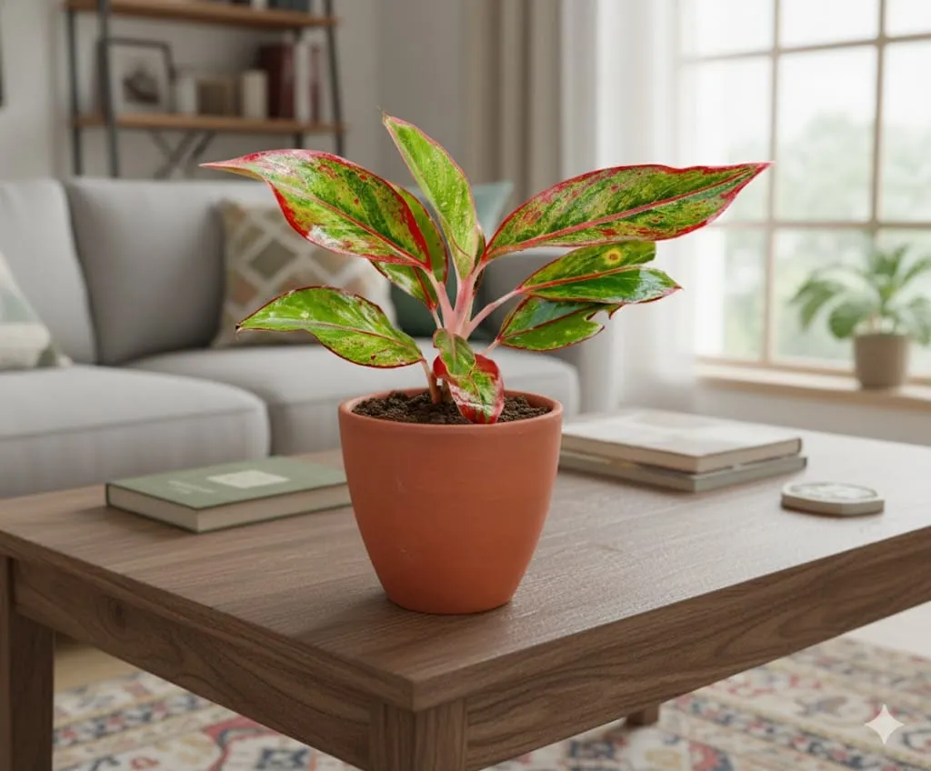 Aglaonema Lipstick in 4 inch Shilp Maati Pot - Chic Small Pot for Decor Corners