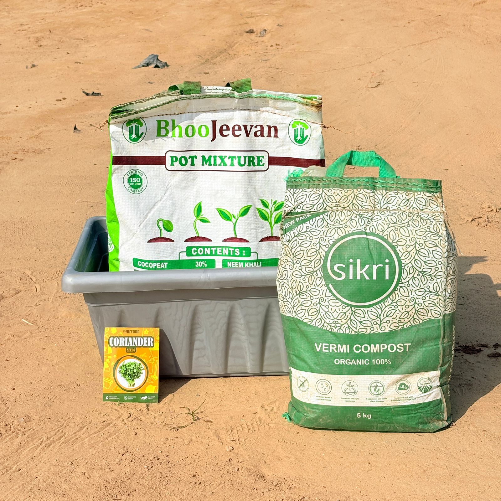 Coriander / Dhaniya Grow Kit - 17 Inch Grey Window Planter + 10Kg Soil Potting Mix + 5 Kg Vermicompost (Brands may vary)