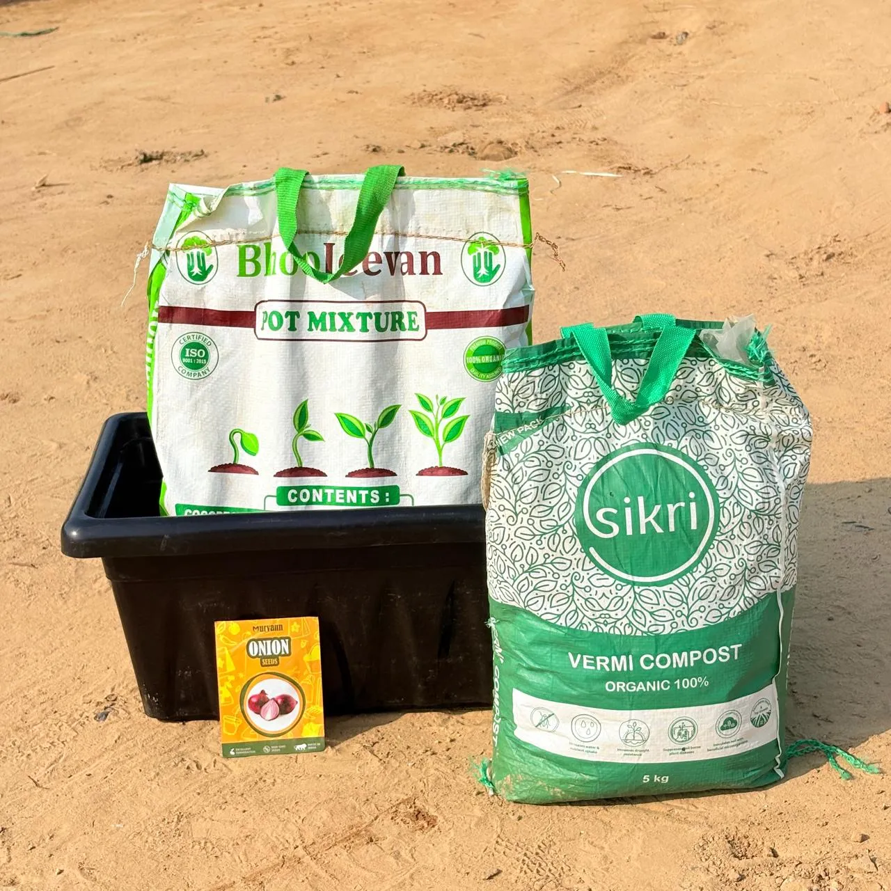 Onion Grow Kit - 17 Inch Black Window Planter + 10Kg Soil Potting Mix + 5 Kg Vermicompost (Brands may vary)