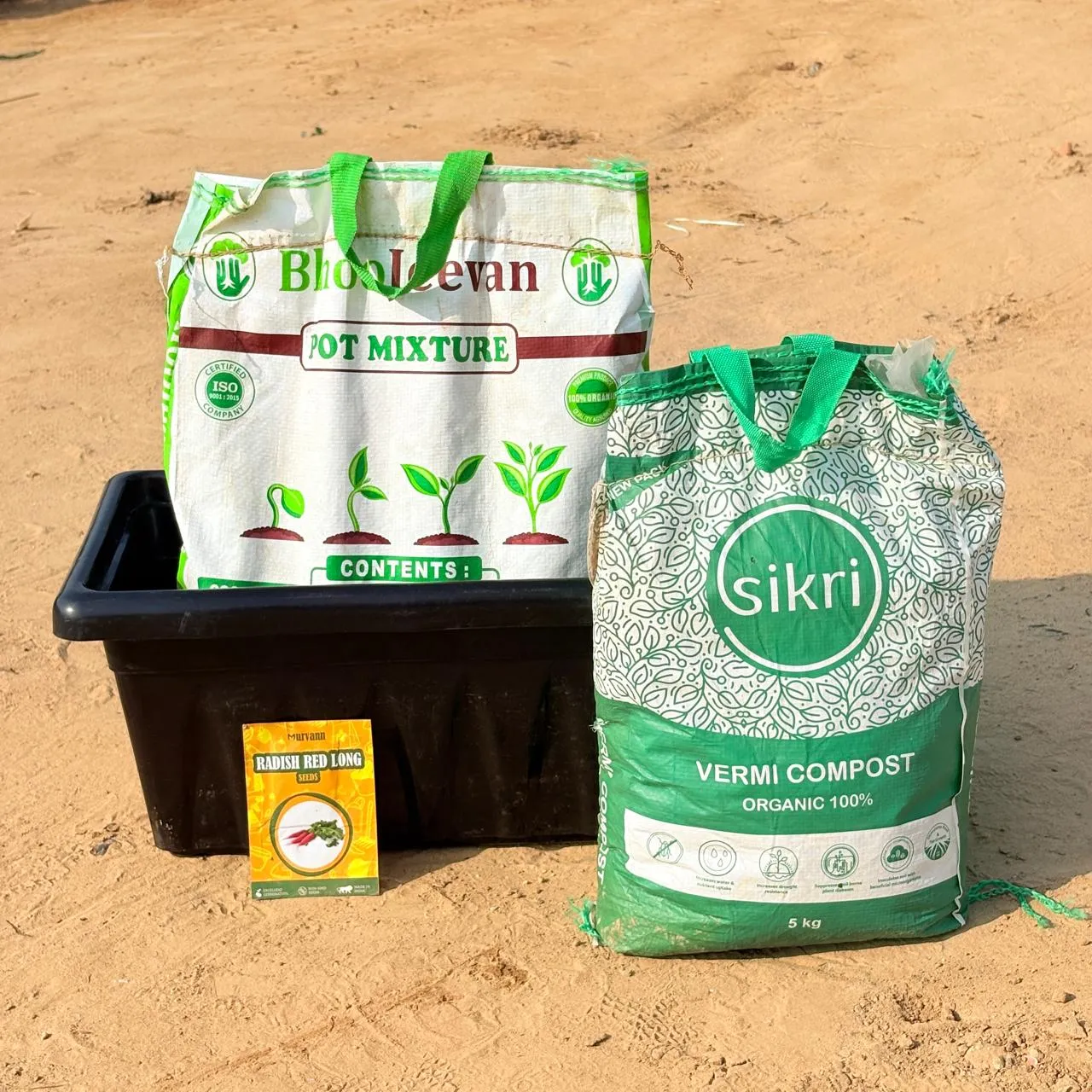Radish Red Long Grow Kit - 20 Inch Black Window Planter + 10Kg Soil Potting Mix + 5 Kg Vermicompost (Brands may vary)