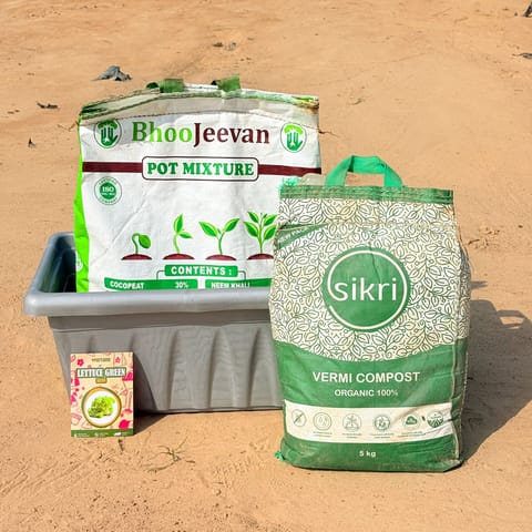 Lettuce Green Grow Kit - 17 Inch Grey Window Planter + 10Kg Soil Potting Mix + 5 Kg Vermicompost (Brands may vary)