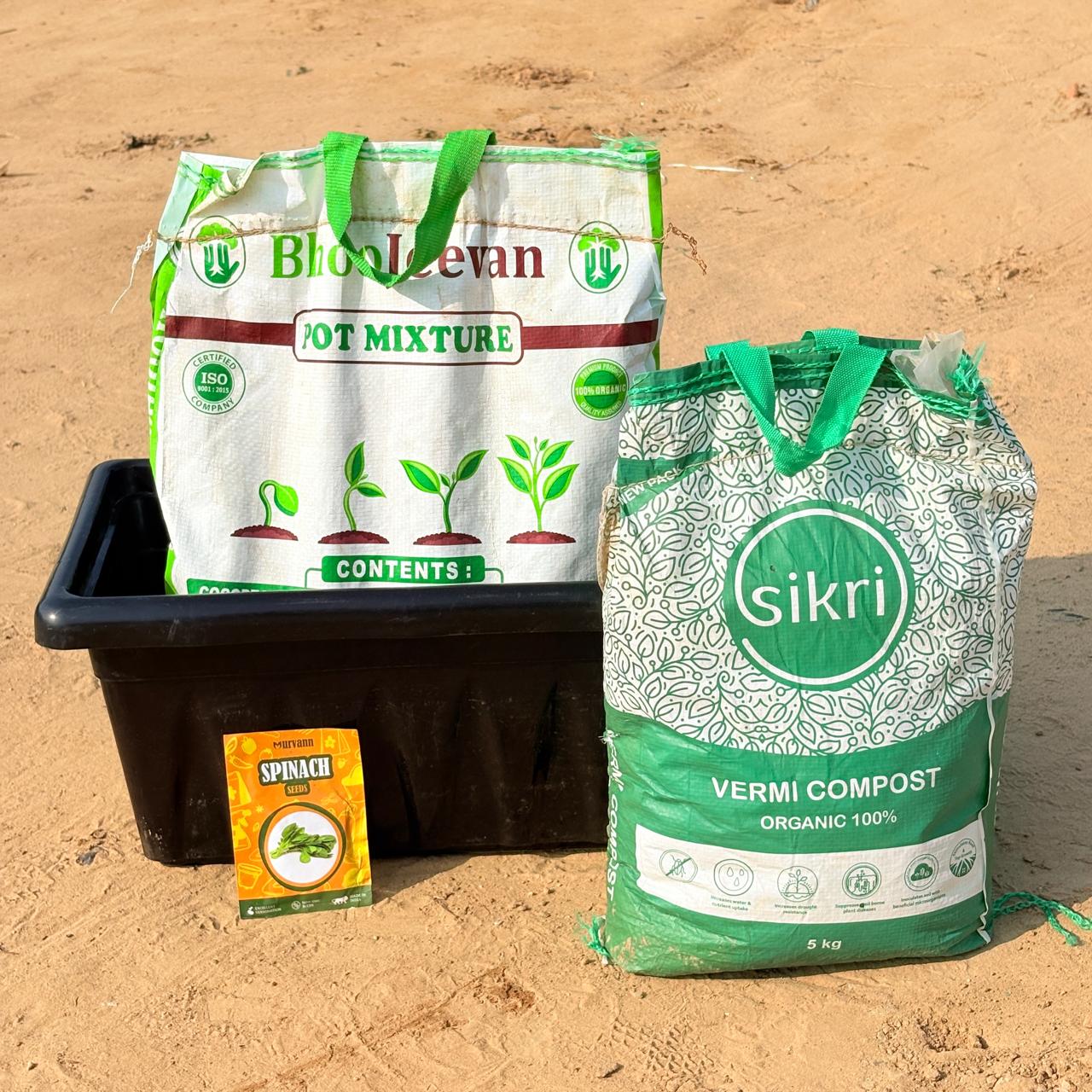 Spinach / Palak Grow Kit - 20 Inch Black Window Planter + 10Kg Soil Potting Mix + 5 Kg Vermicompost (Brands may vary)