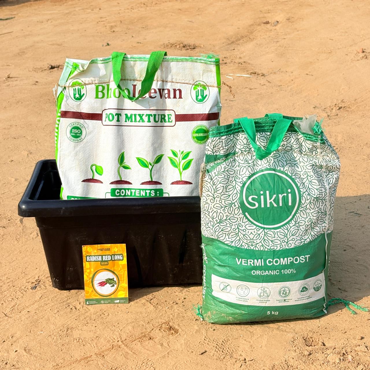 Radish Red Long Grow Kit - 20 Inch Black Window Planter + 10Kg Soil Potting Mix + 5 Kg Vermicompost (Brands may vary)