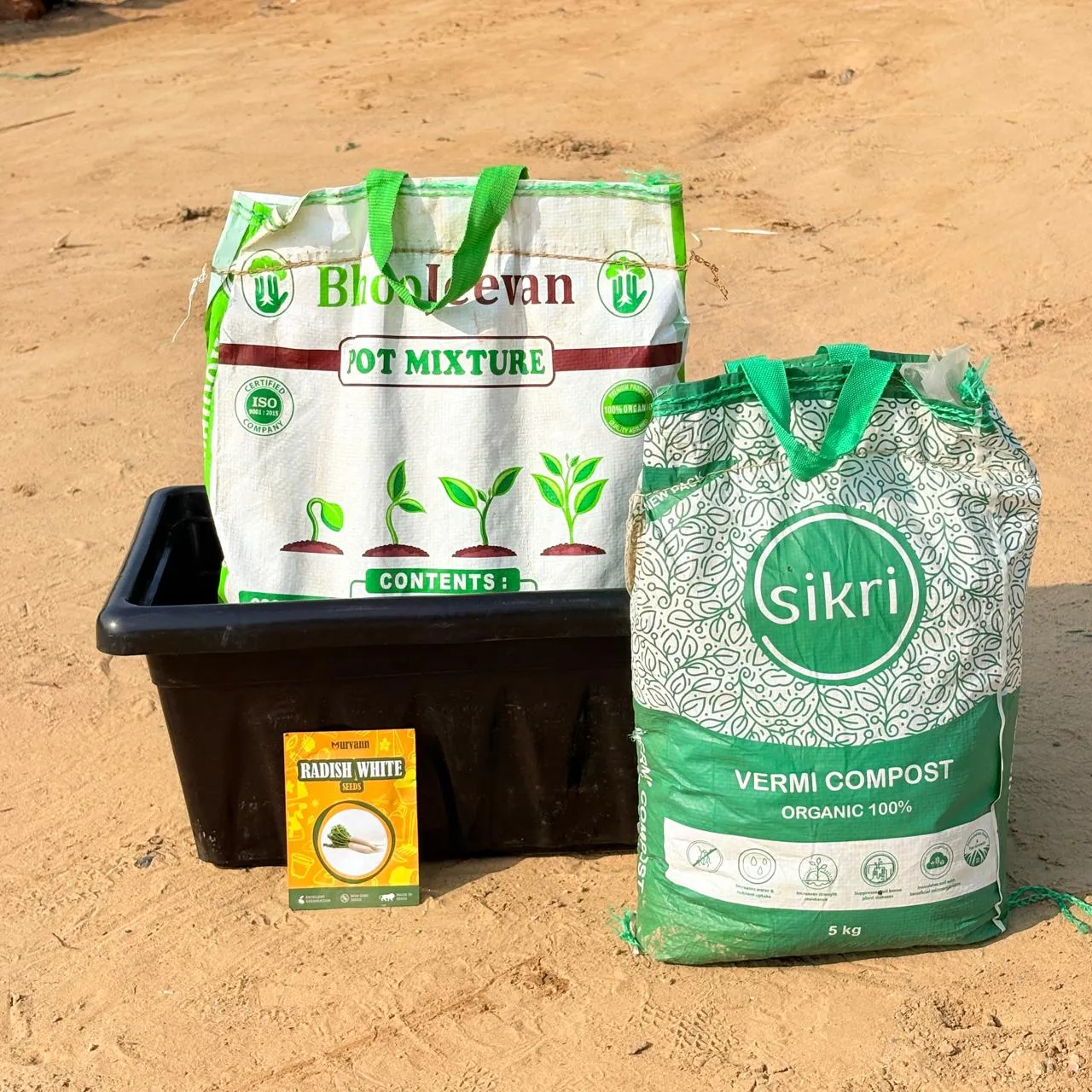 Radish White Grow Kit - 20 Inch Black Window Planter + 10Kg Soil Potting Mix + 5 Kg Vermicompost (Brands may vary)