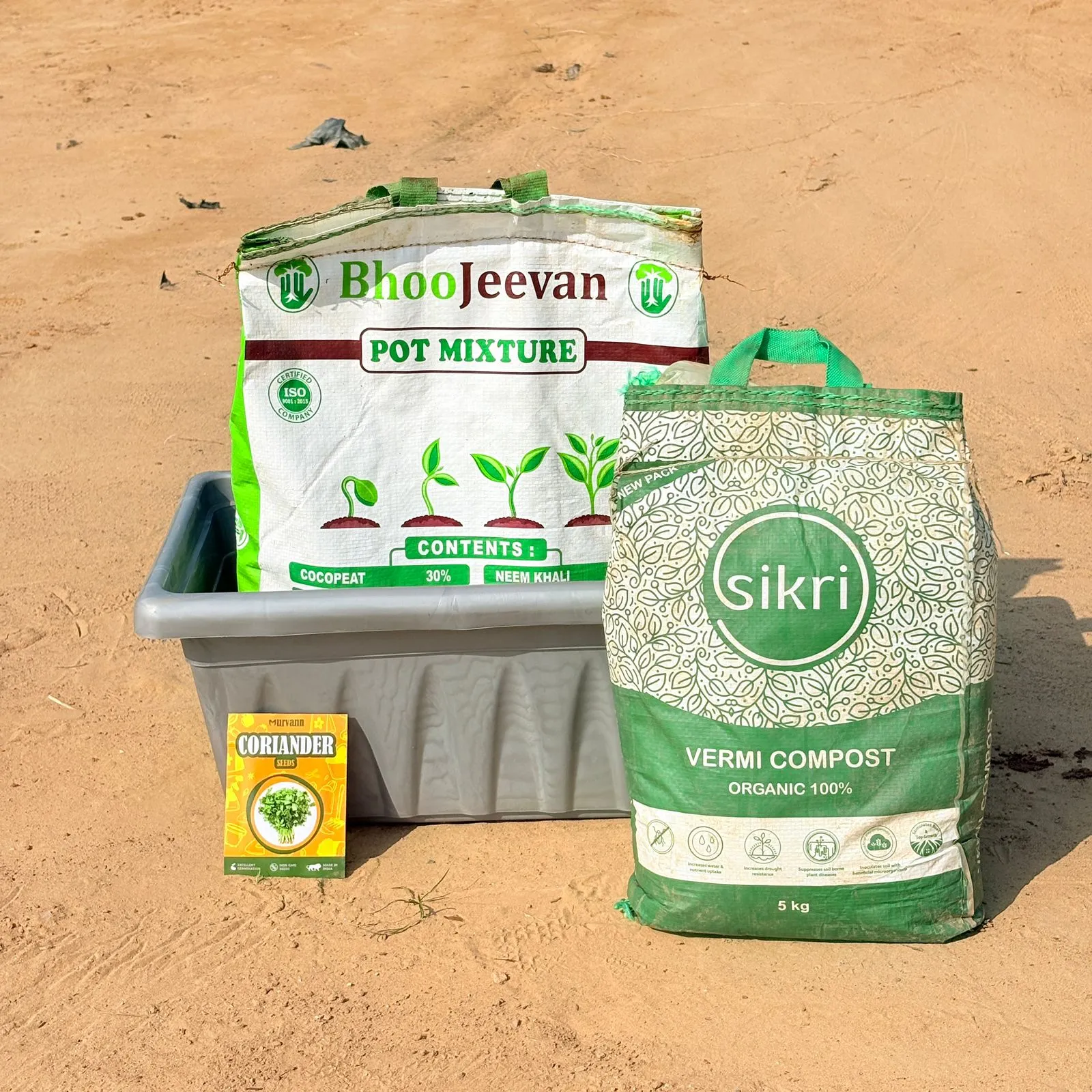 Coriander / Dhaniya Grow Kit - 20 Inch Grey Window Planter + 10Kg Soil Potting Mix + 5 Kg Vermicompost (Brands may vary)