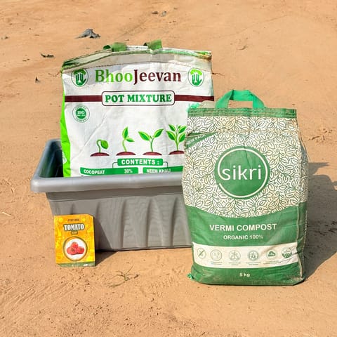 Tomato Grow Kit - 17 Inch Grey Window Planter + 10Kg Soil Potting Mix + 5 Kg Vermicompost (Brands may vary)