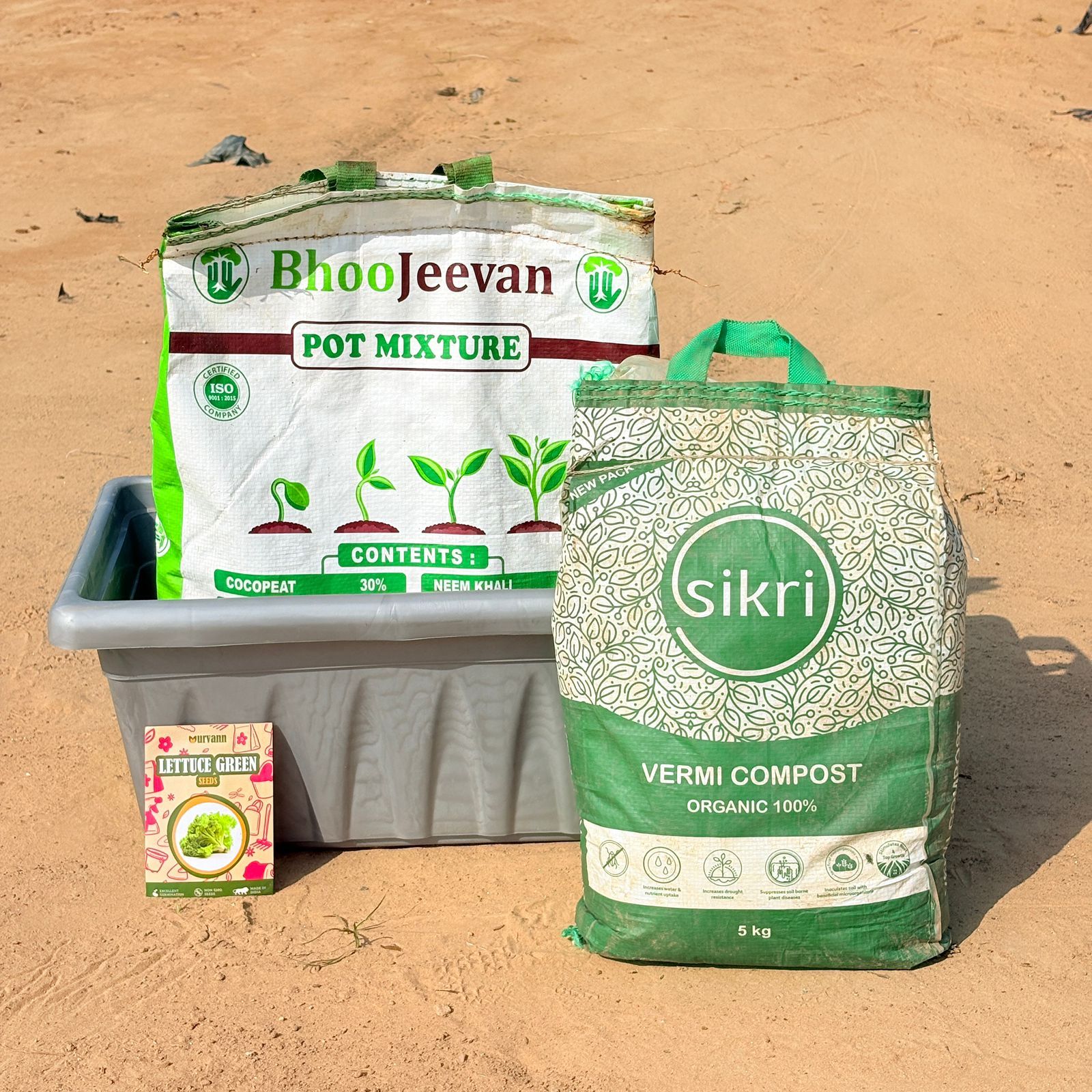 Lettuce Green Grow Kit - 17 Inch Grey Window Planter + 10Kg Soil Potting Mix + 5 Kg Vermicompost (Brands may vary)