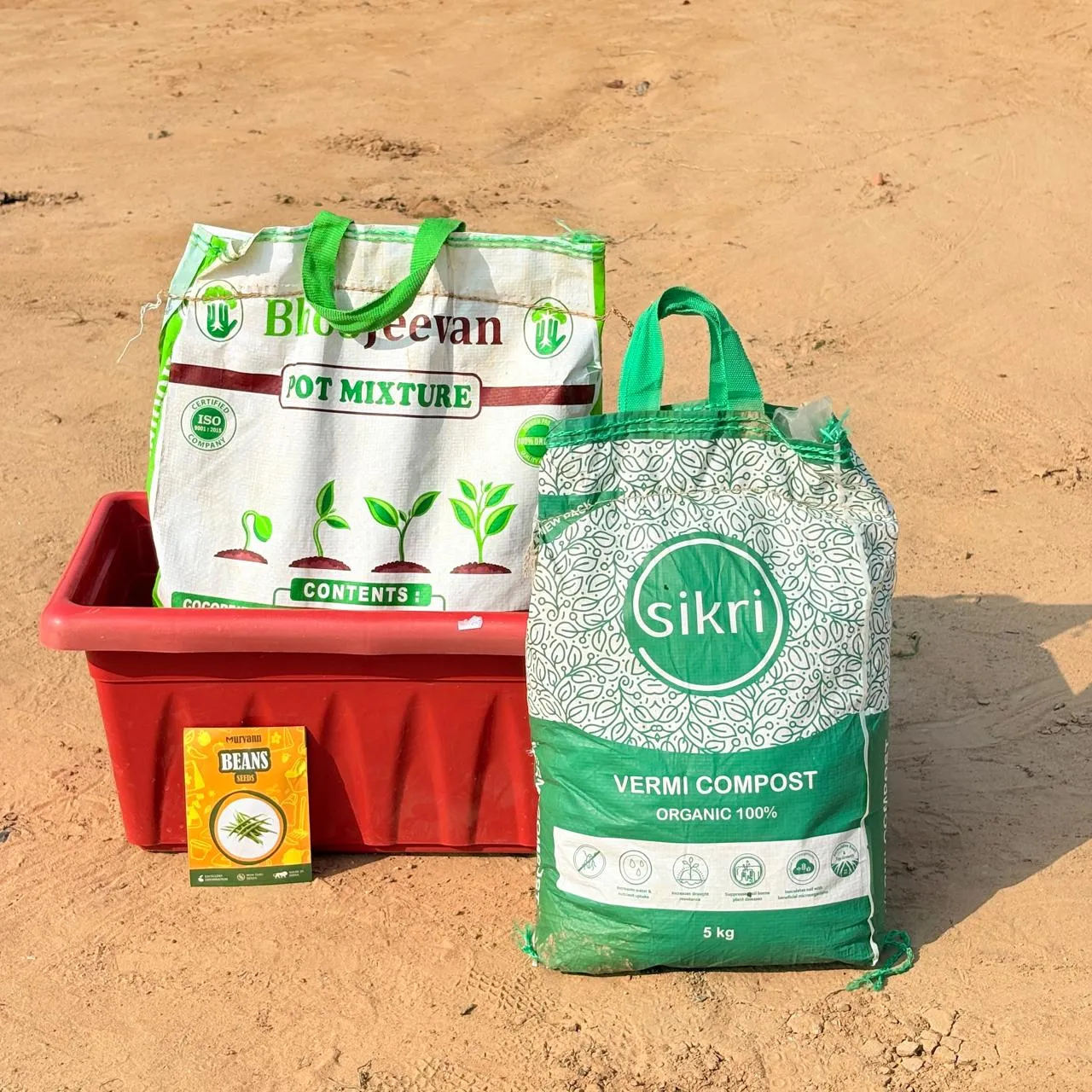 Beans Grow Kit - 17 Inch Terracotta Red Window Planter + 10Kg Soil Potting Mix + 5 Kg Vermicompost (Brands may vary)