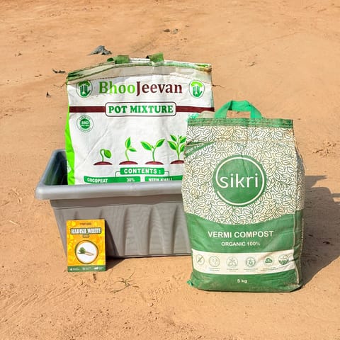 Radish White Grow Kit - 20 Inch Grey Window Planter + 10Kg Soil Potting Mix + 5 Kg Vermicompost (Brands may vary)