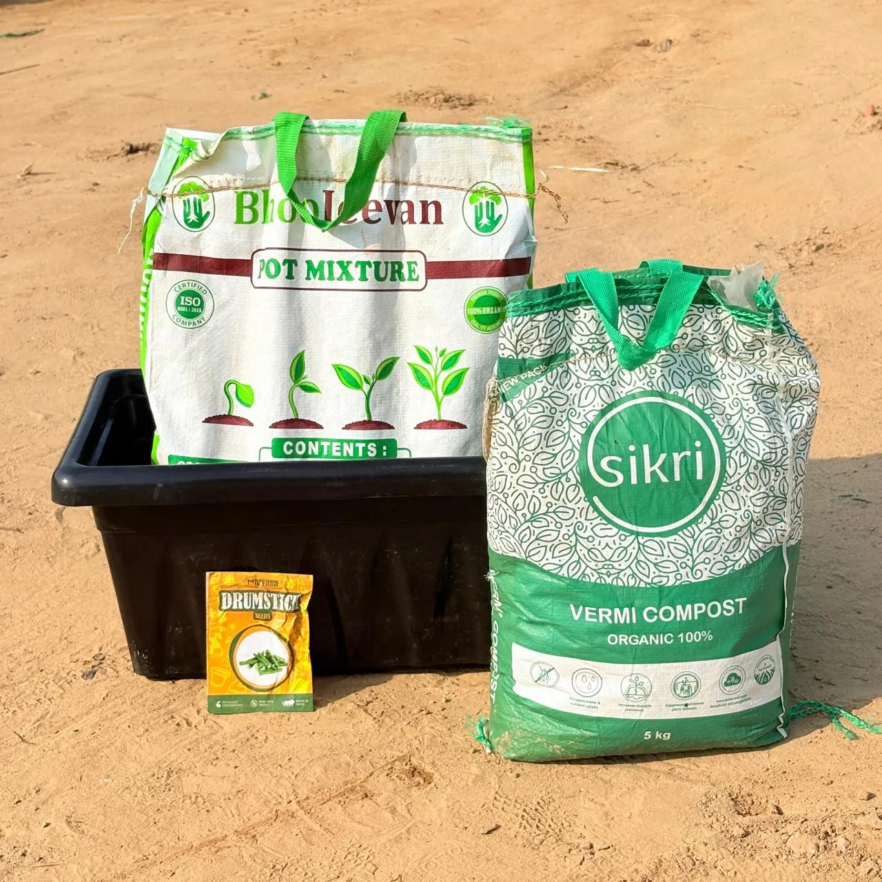 Moringa / Drumstick / Sahjan Grow Kit - 17 Inch Black Window Planter + 10Kg Soil Potting Mix + 5 Kg Vermicompost (Brands may vary)