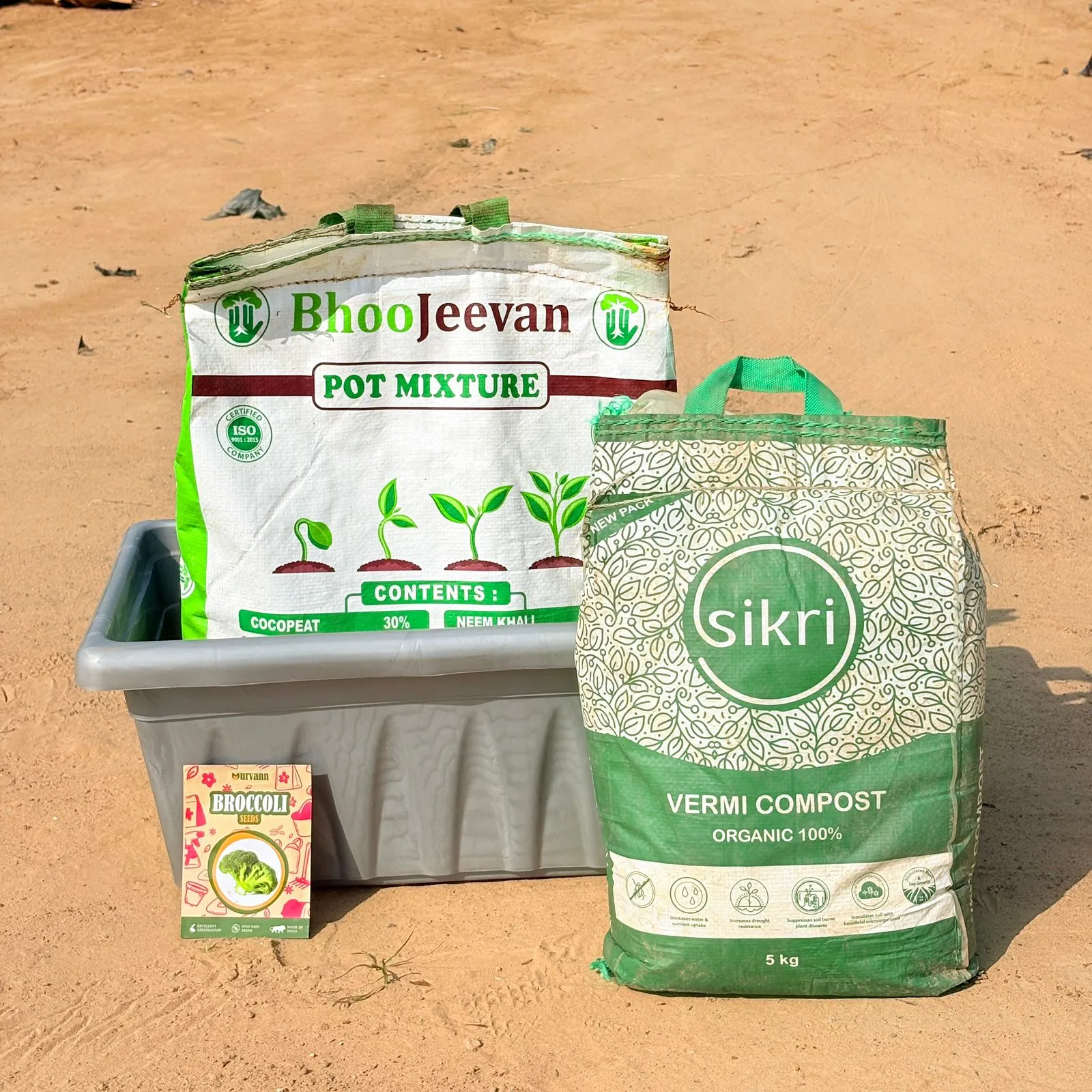 Broccoli Grow Kit - 20 Inch Grey Window Planter + 10Kg Soil Potting Mix + 5 Kg Vermicompost (Brands may vary)