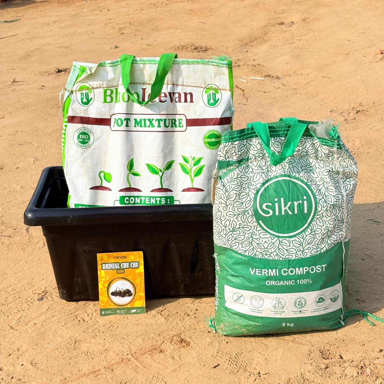 Brinjal Chu Chu Grow Kit - 20 Inch Black Window Planter + 10Kg Soil Potting Mix + 5 Kg Vermicompost (Brands may vary)