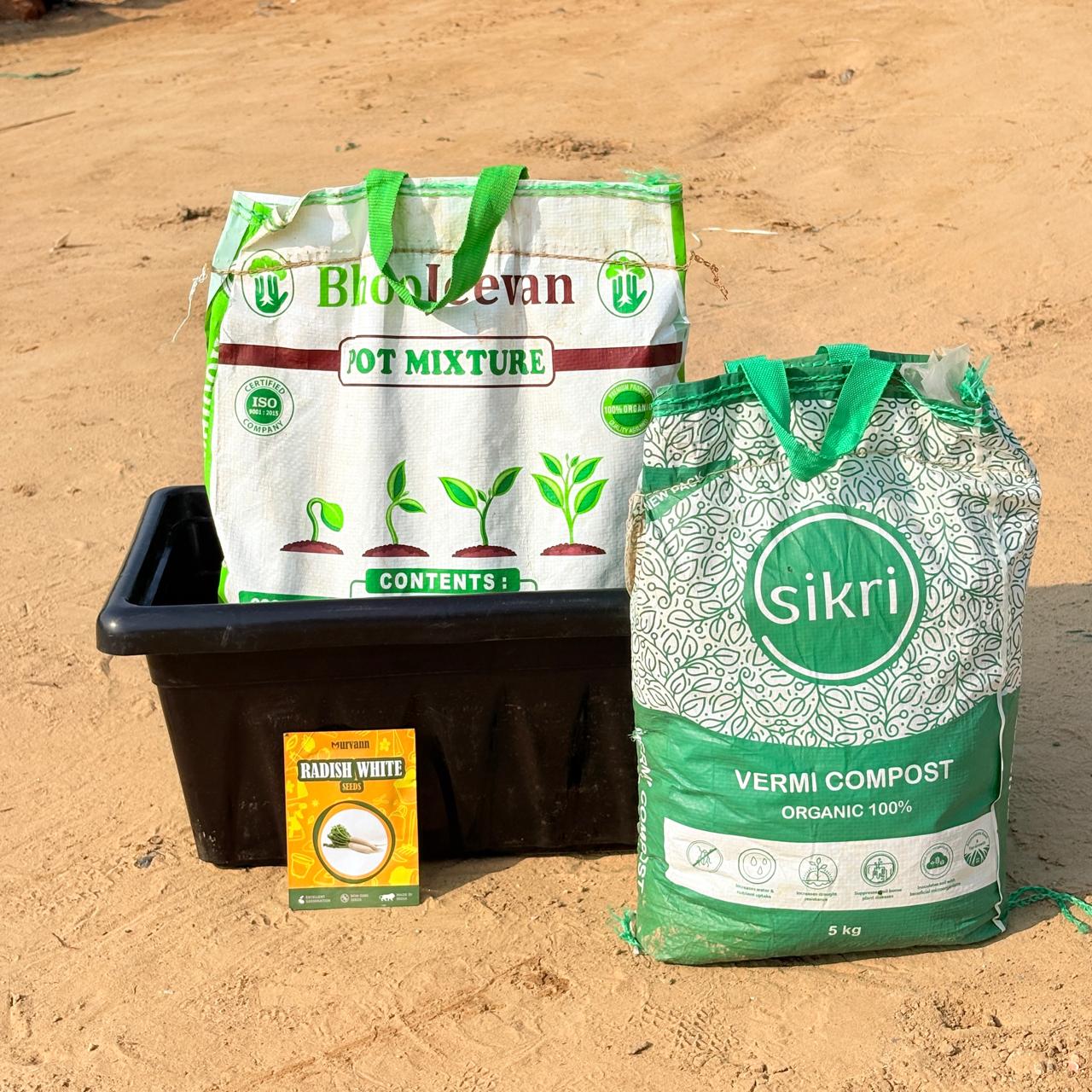 Radish White Grow Kit - 20 Inch Black Window Planter + 10Kg Soil Potting Mix + 5 Kg Vermicompost (Brands may vary)