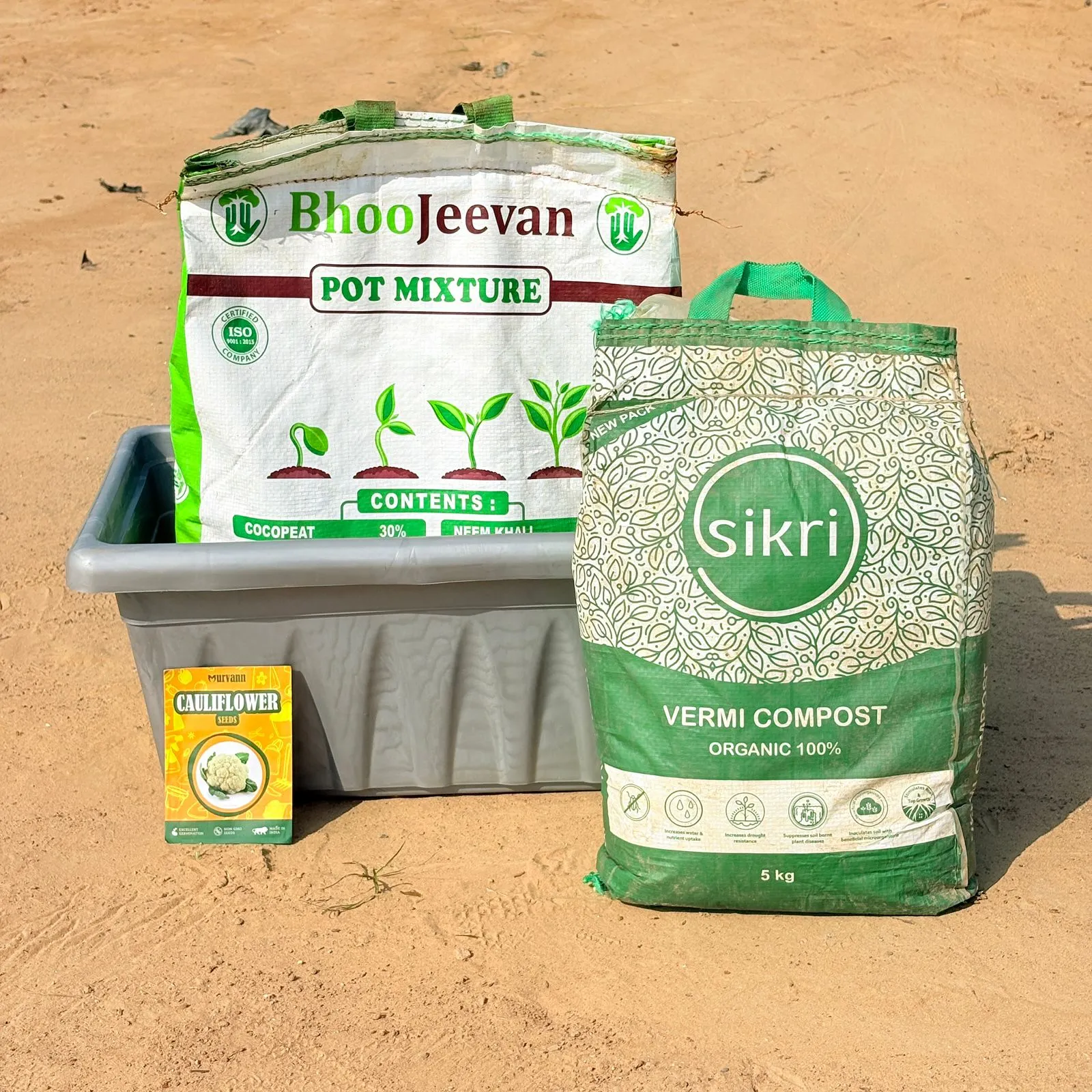 Cauliflower Grow Kit - 17 Inch Grey Window Planter + 10Kg Soil Potting Mix + 5 Kg Vermicompost (Brands may vary)