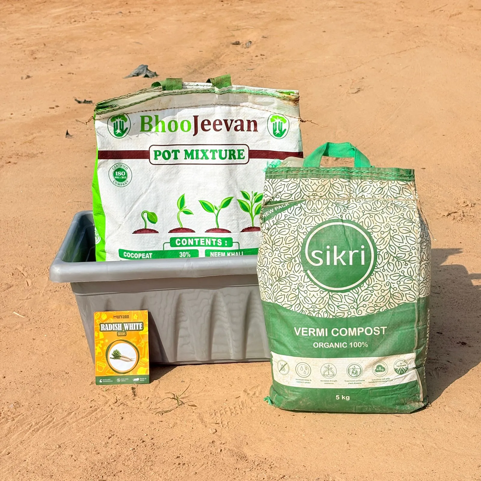 Radish White Grow Kit - 20 Inch Grey Window Planter + 10Kg Soil Potting Mix + 5 Kg Vermicompost (Brands may vary)