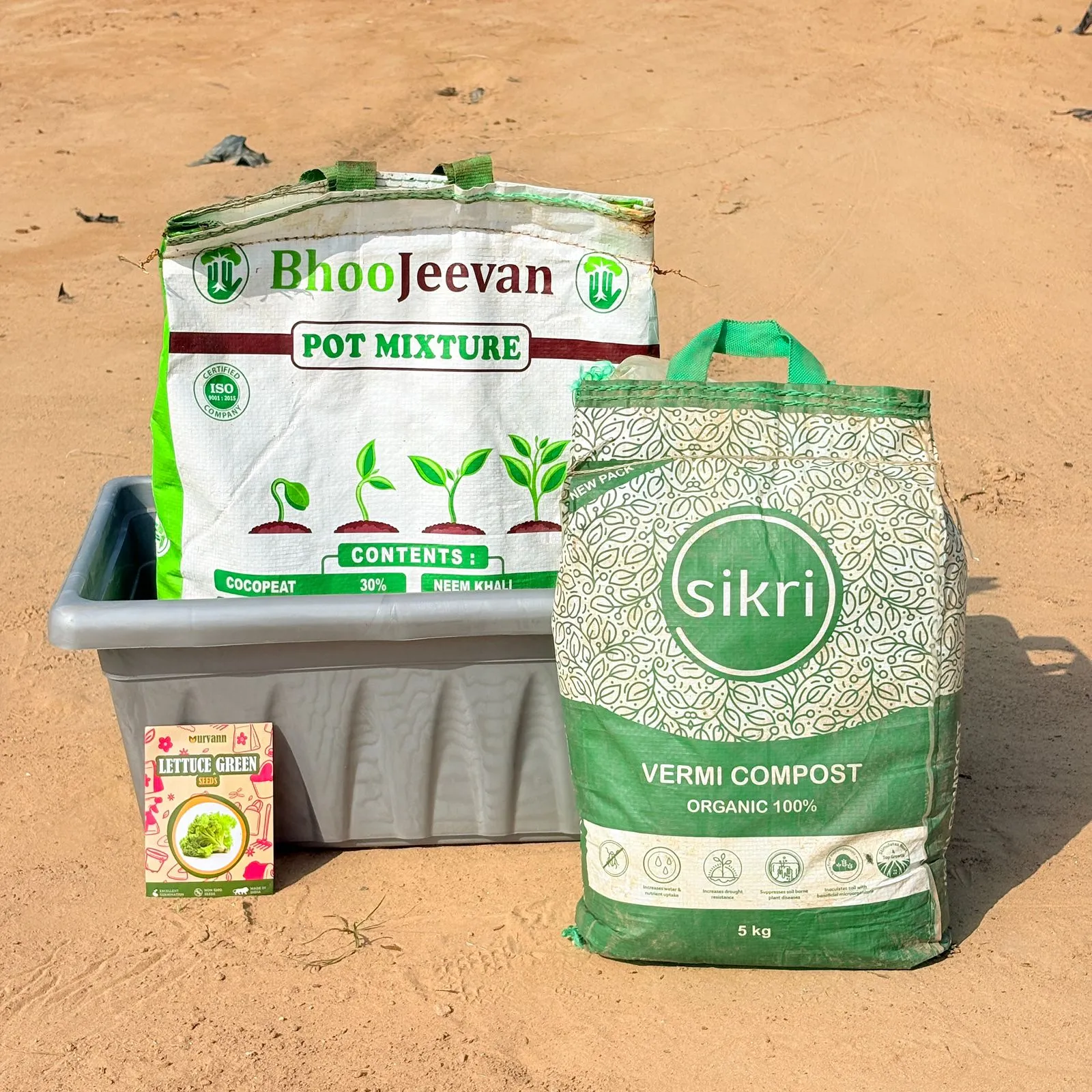 Lettuce Green Grow Kit - 20 Inch Grey Window Planter + 10Kg Soil Potting Mix + 5 Kg Vermicompost (Brands may vary)