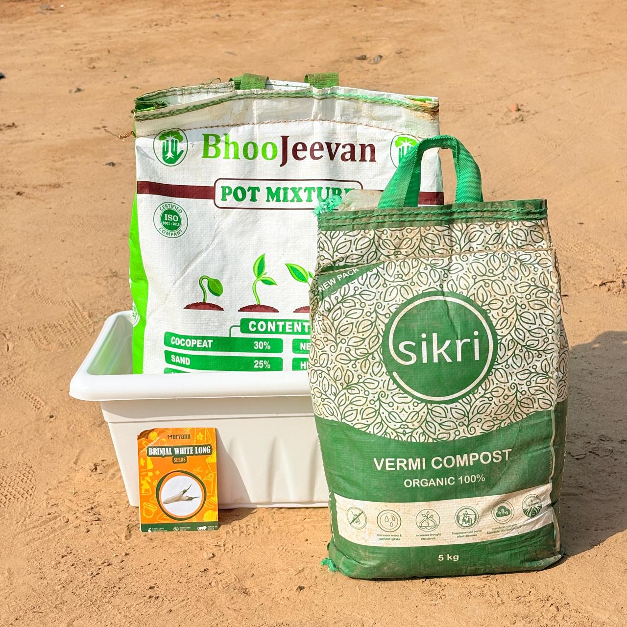 Brinjal White Long Grow Kit - 20 Inch White Window Planter + 10Kg Soil Potting Mix + 5 Kg Vermicompost (Brands may vary)