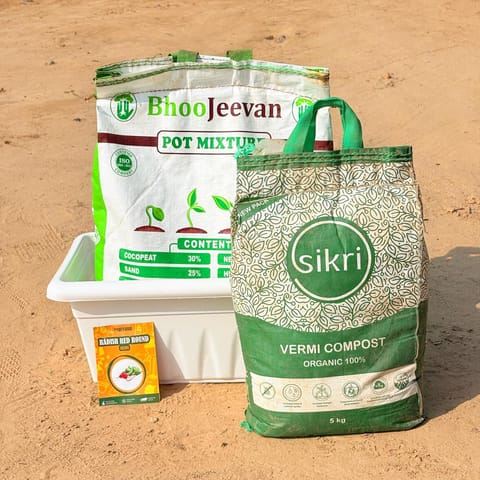 Radish Red round Grow Kit - 17 Inch White Window Planter + 10Kg Soil Potting Mix + 5 Kg Vermicompost (Brands may vary)