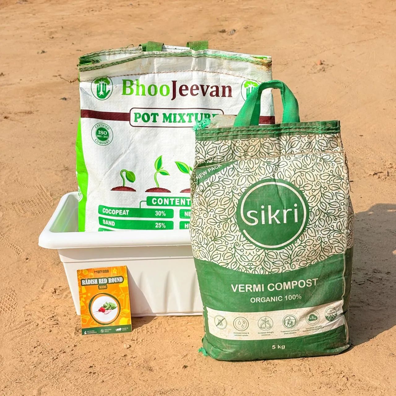 Radish Red round Grow Kit - 17 Inch White Window Planter + 10Kg Soil Potting Mix + 5 Kg Vermicompost (Brands may vary)