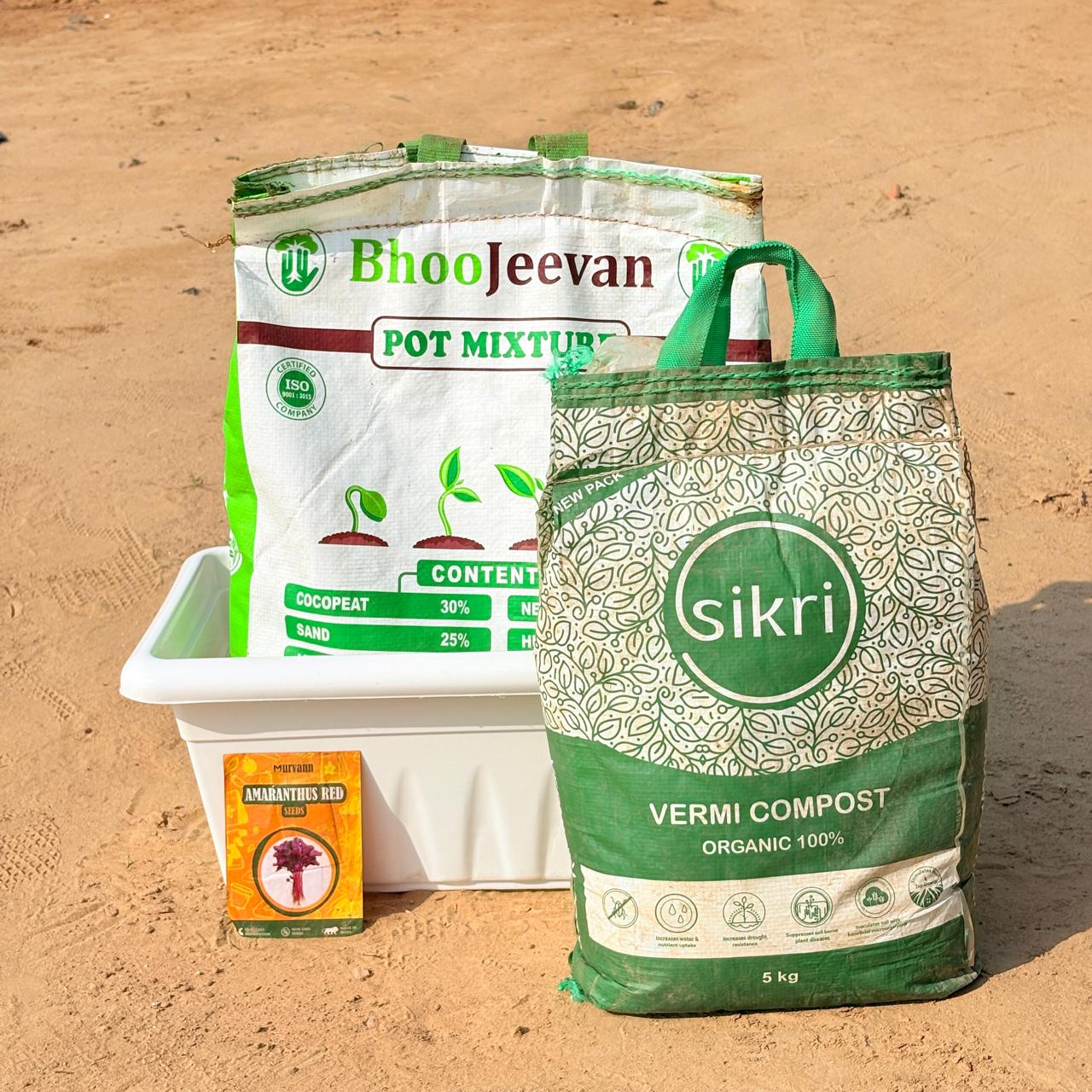 Amaranthus Red Vegatable Grow Kit - 17 Inch White Window Planter + 10Kg Soil Potting Mix + 5 Kg Vermicompost (Brands may vary)