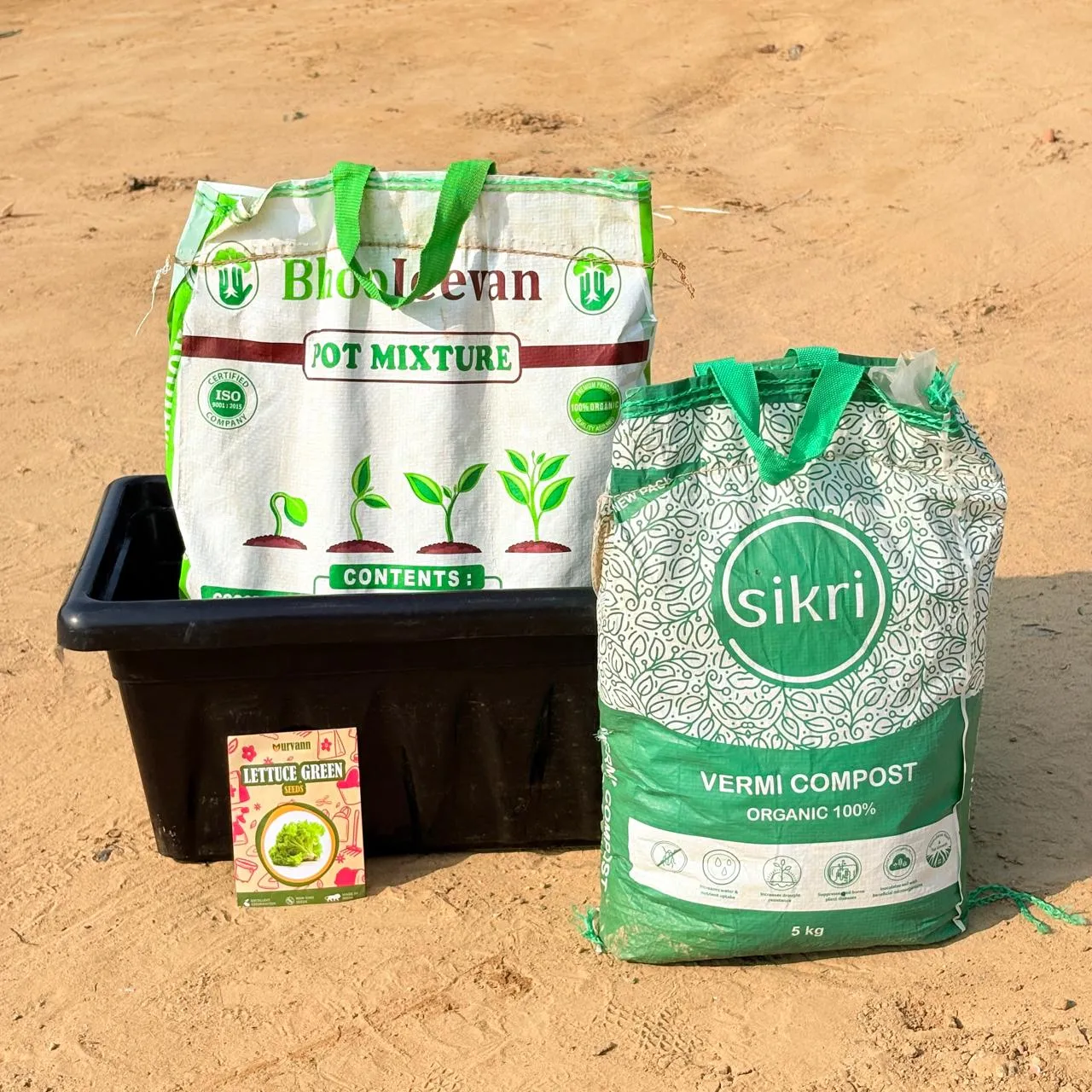 Lettuce Green Grow Kit - 17 Inch Black Window Planter + 10Kg Soil Potting Mix + 5 Kg Vermicompost (Brands may vary)