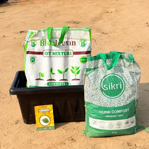 Kasturi Methi Grow Kit - 20 Inch Black Window Planter + 10Kg Soil Potting Mix + 5 Kg Vermicompost (Brands may vary)