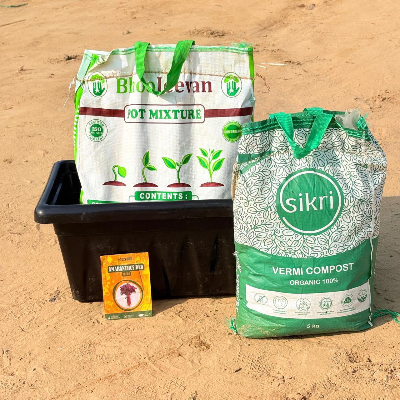 Amaranthus Red Vegatable Grow Kit - 20 Inch Black Window Planter + 10Kg Soil Potting Mix + 5 Kg Vermicompost (Brands may vary)