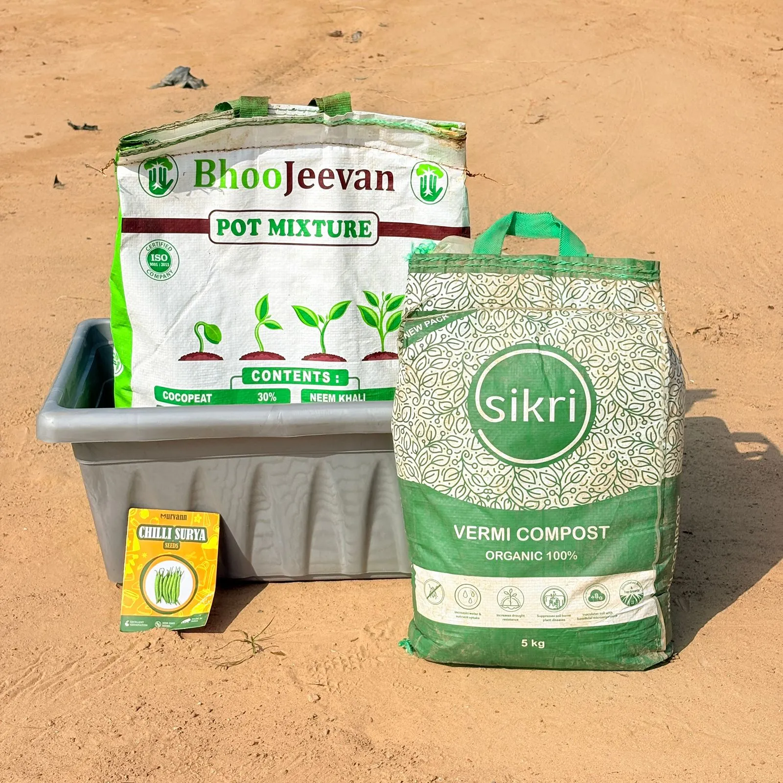 Chilli / Mirchi Surya Grow Kit - 20 Inch Grey Window Planter + 10Kg Soil Potting Mix + 5 Kg Vermicompost (Brands may vary)