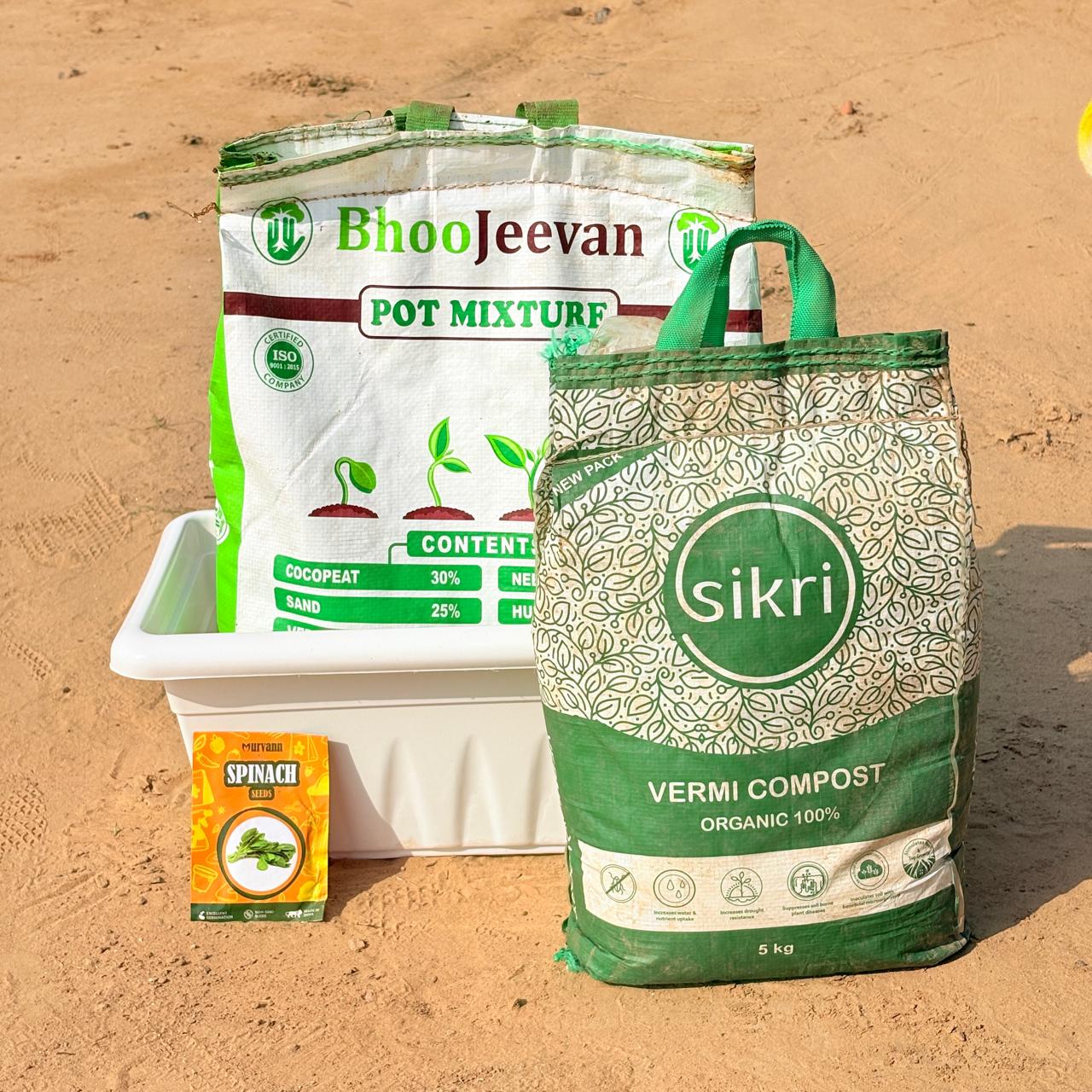 Spinach / Palak Grow Kit - 20 Inch White Window Planter + 10Kg Soil Potting Mix + 5 Kg Vermicompost (Brands may vary)