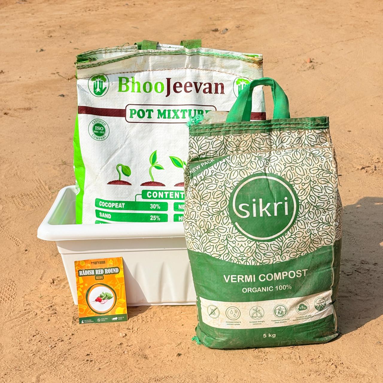 Radish Red round Grow Kit - 20 Inch White Window Planter + 10Kg Soil Potting Mix + 5 Kg Vermicompost (Brands may vary)