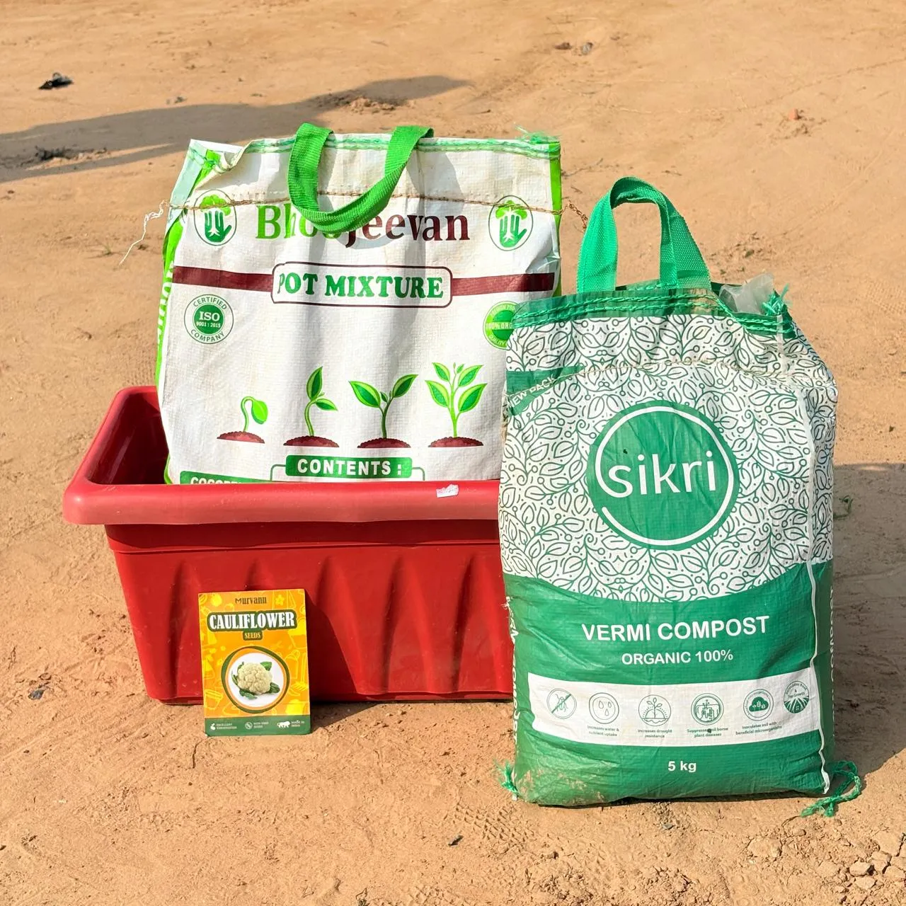 Cauliflower Grow Kit - 17 Inch Terracotta Red Window Planter + 10Kg Soil Potting Mix + 5 Kg Vermicompost (Brands may vary)