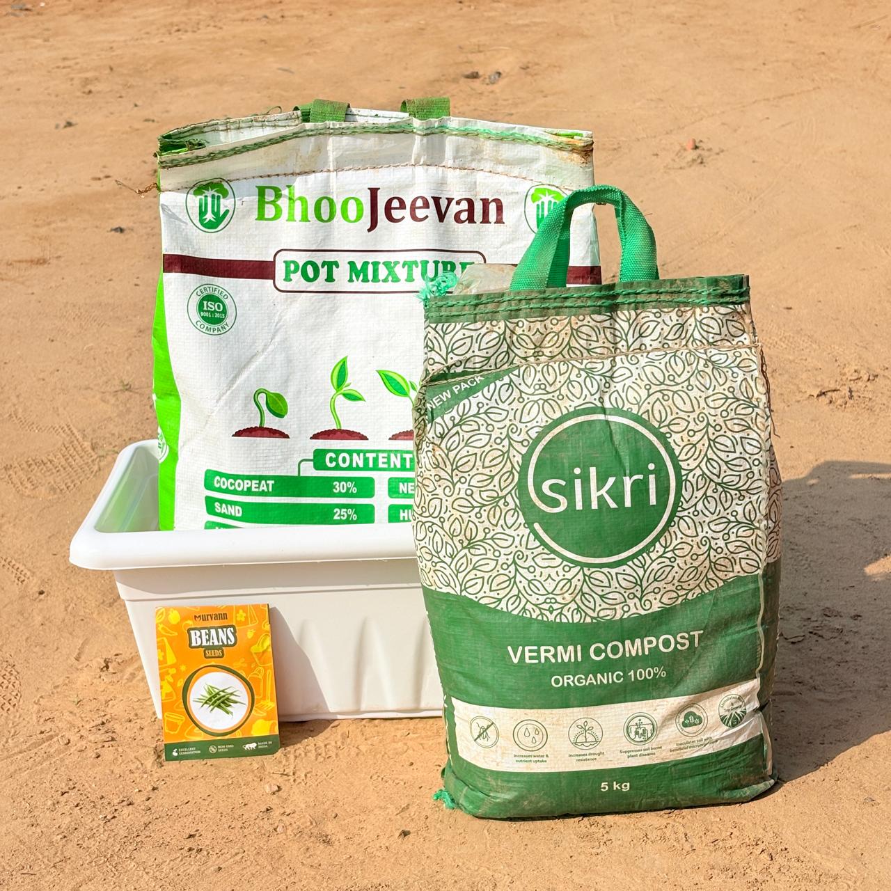 Beans Grow Kit - 17 Inch White Window Planter + 10Kg Soil Potting Mix + 5 Kg Vermicompost (Brands may vary)