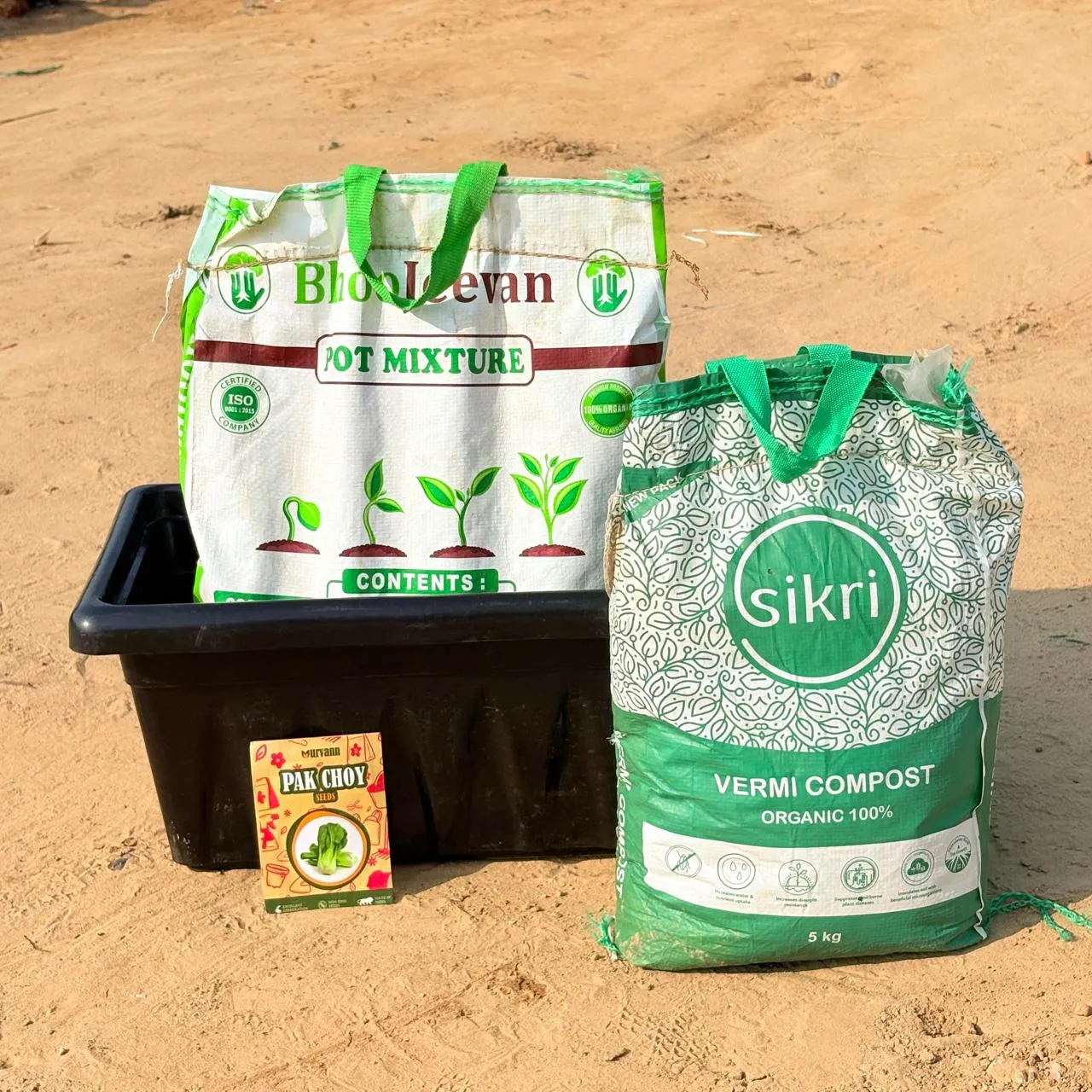 Pak Grow Kit - 17 Inch Black Window Planter + 10Kg Soil Potting Mix + 5 Kg Vermicompost (Brands may vary)