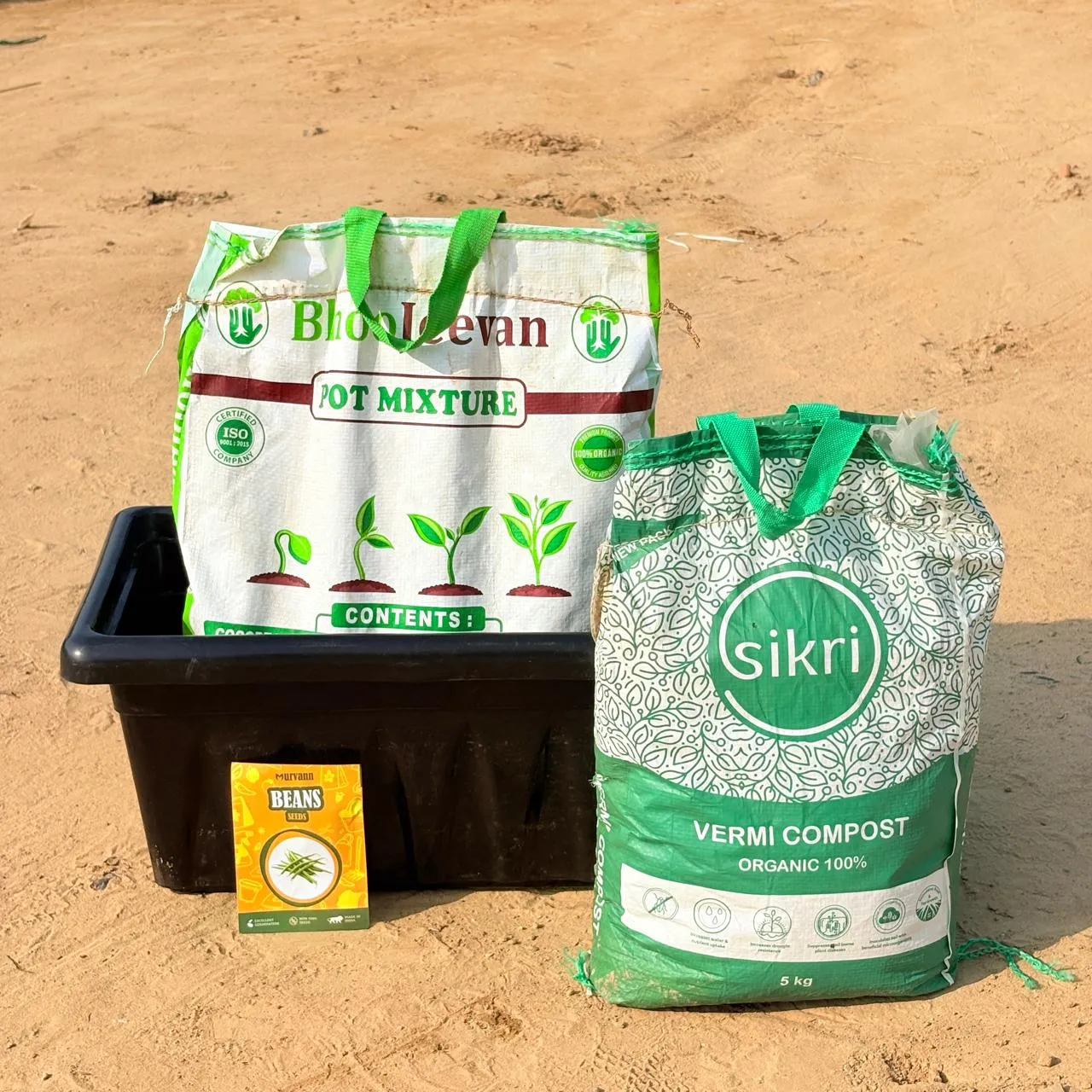 Beans Grow Kit - 20 Inch Black Window Planter + 10Kg Soil Potting Mix + 5 Kg Vermicompost (Brands may vary)
