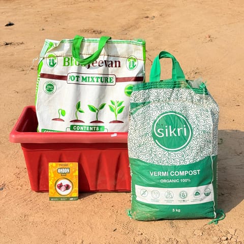 Onion Grow Kit - 20 Inch Terracotta Red Window Planter + 10Kg Soil Potting Mix + 5 Kg Vermicompost (Brands may vary)