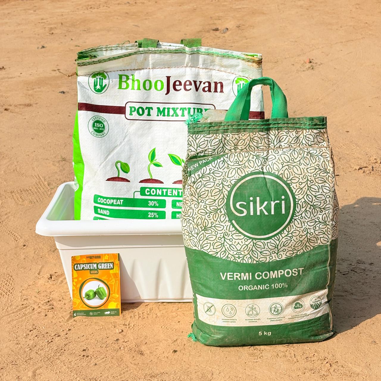 Capsicum Green Grow Kit - 20 Inch White Window Planter + 10Kg Soil Potting Mix + 5 Kg Vermicompost (Brands may vary)