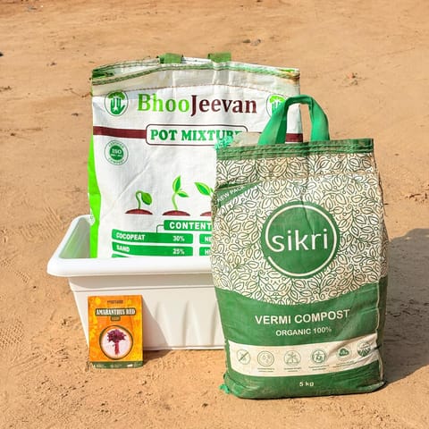 Amaranthus Red Vegatable Grow Kit - 20 Inch White Window Planter + 10Kg Soil Potting Mix + 5 Kg Vermicompost (Brands may vary)