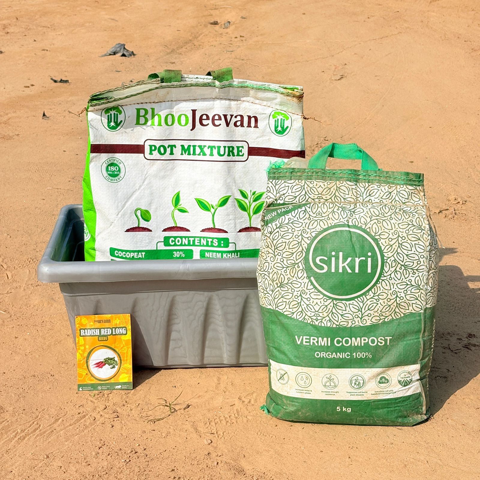 Radish Red Long Grow Kit - 20 Inch Grey Window Planter + 10Kg Soil Potting Mix + 5 Kg Vermicompost (Brands may vary)